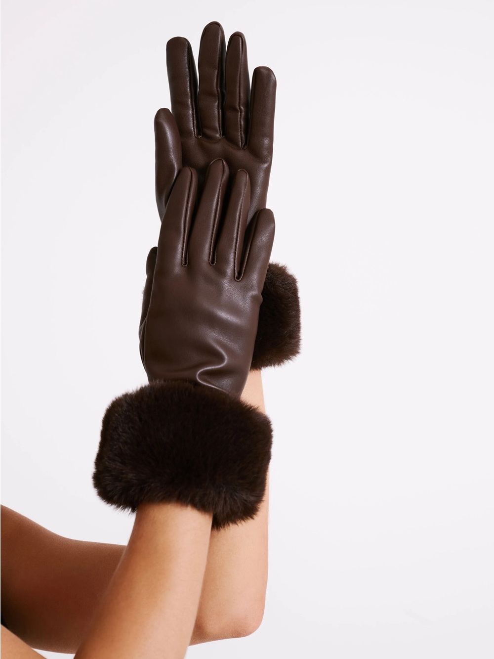 MESHKI BROWN FAUX LEATHER GLOVES WITH FAUX FUR CUFFS & 2 FREE BEANIES